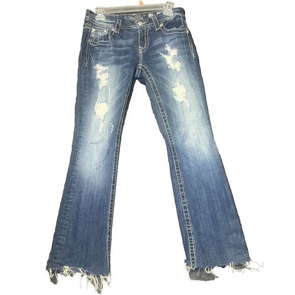 Miss‎ Me Boot Cut Blue Jeans Womens Size 28 Cutoff Embellished Distressed Rips - Picture 1 of 16